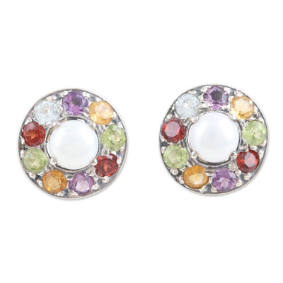 Faceted Multi-Gemstone Button Earrings Crafted in India
