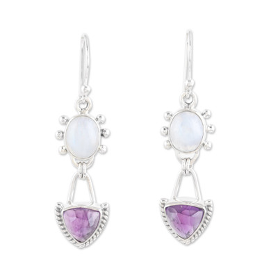 Rainbow Moonstone Dangle Earrings with 5-Carat Amethyst Gems