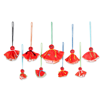 Set of 9 Embroidered Viscose Doll Holiday Ornaments in Red