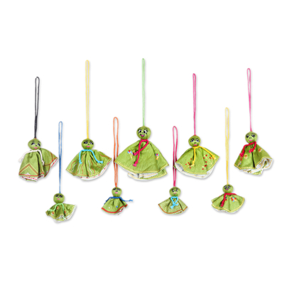 Set of 9 Embroidered Viscose Doll Holiday Ornaments in Green