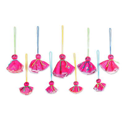 9 Embroidered Viscose Doll Holiday Ornaments in Fuchsia