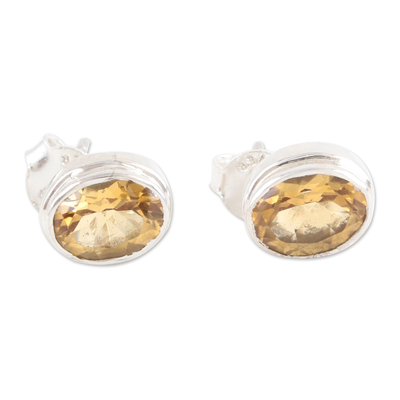 Sterling Silver Stud Earrings with Oval 3-Carat Citrine Gems