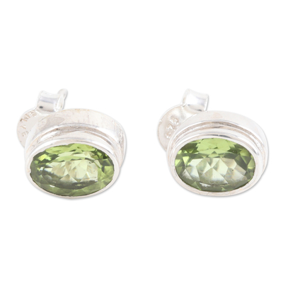 Sterling Silver Stud Earrings with Oval 3-Carat Peridot Gems