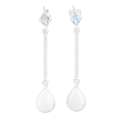 Silver Dangle Earrings with Rainbow Moonstone & Blue Topaz