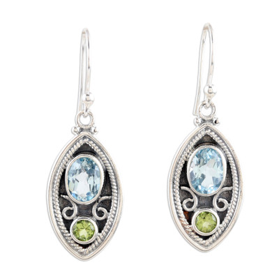 Sterling Silver Dangle Earrings with Blue Topaz and Peridot