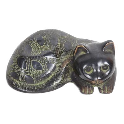 Handcrafted Antique Finished Brass Sculpture of a Sleepy Cat