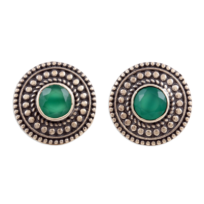 Green Onyx Button Earrings Crafted from Sterling Silver