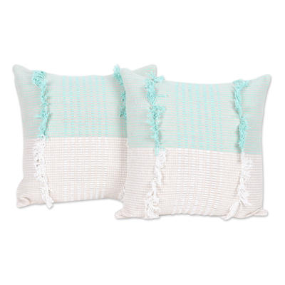 Fringed Cotton Cushion Covers in Mint and White Tones (Pair)