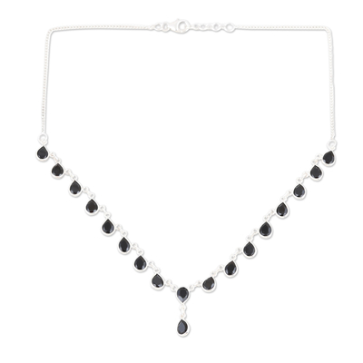 Polished Sterling Silver Waterfall Necklace with Onyx Gems