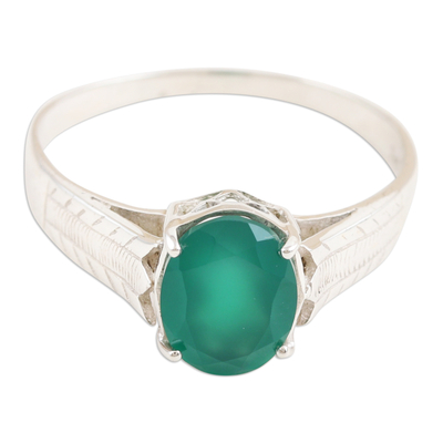 Sterling Silver Solitaire Ring with 2-Carat Green Onyx Gem