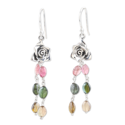 Floral Sterling Silver Dangle Earrings with Tourmaline Beads