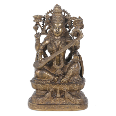 Traditional Brass Sculpture of Saraswati with Antique Finish
