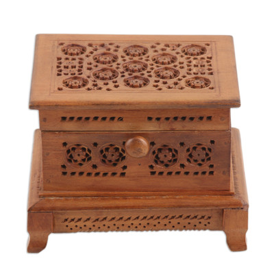 Hand-Carved Wood Decorative Box with Jali Openwork Accents
