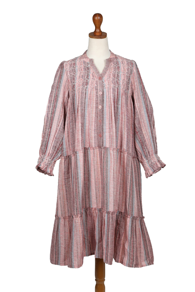 Colorful Striped Embroidered Cotton A-Line Dress from India