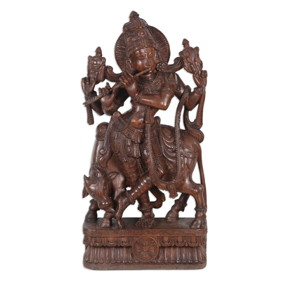 Krishna and Bull Sculpture Hand-Carved in Teak Wood in India
