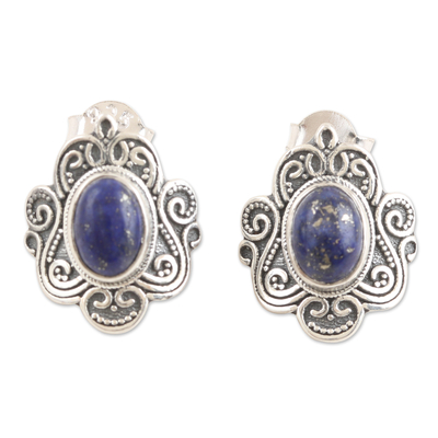 Sterling Silver Button Earrings with Lapis Lazuli Jewels