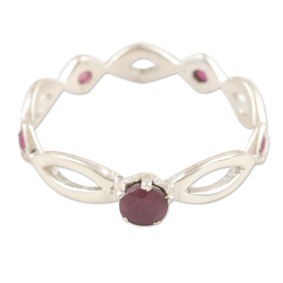 Polished Sterling Silver Band Ring with Ruby Jewels