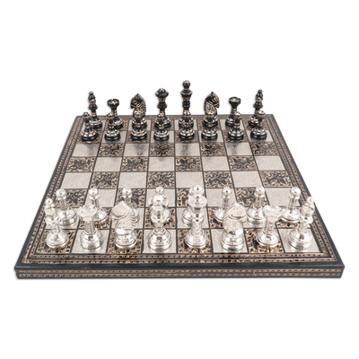 Traditional Brass Chess Set with Wooden Red Storage Box