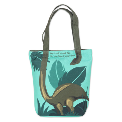 Cotton Tote Bag with Printed Dinosaur Motif in Green