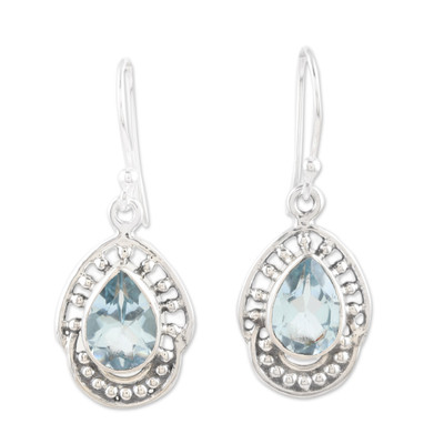 Sterling Silver Dangle Earrings with 4-Carat Blue Topaz Gems