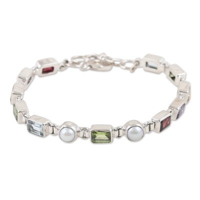 11-Carat Faceted Multi-Gemstone Link Bracelet with Pearls
