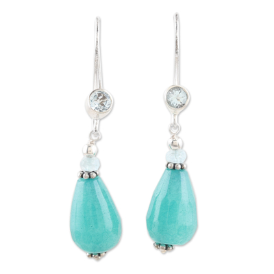 Polished Beaded Dangle Earrings with Agate and Blue Topaz