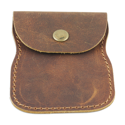Handcrafted Brown Leather Coin Purse with Brass Snap Closure