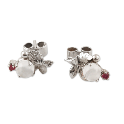 Polished Leafy Button Earrings with Moonstone and Ruby Gems