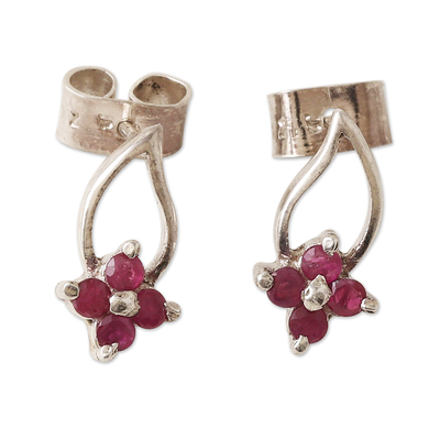 Floral Sterling Silver Drop Earrings with Ruby Stones