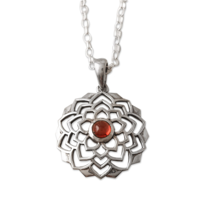 Lotus-Themed Sterling Silver Pendant Necklace with Garnet