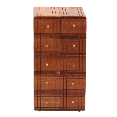 Brass-Accented Acacia Wood Chest with Ten Drawers
