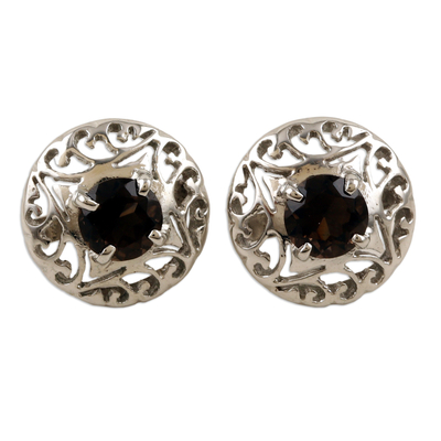 Rhodium-Plated Button Earrings with Smoky Quartz Stones