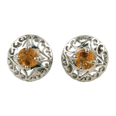 Rhodium-Plated Button Earrings with Citrine Stones
