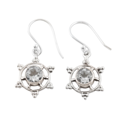 Ship Wheel-Shaped Silver Dangle Earrings with Blue Topaz