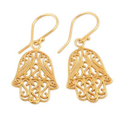 Hamsa-Themed 22k Gold-Plated Sterling Silver Dangle Earrings