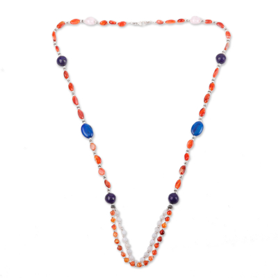 Multi-Gemstone and Silver Beaded Long Necklace Made in India