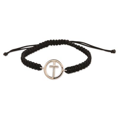 Black Macrame Bracelet with Sterling Silver Cross Symbol