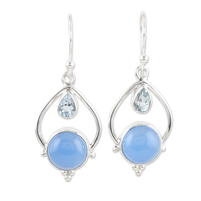 Sterling Silver Dangle Earrings with Chalcedony & Blue Topaz