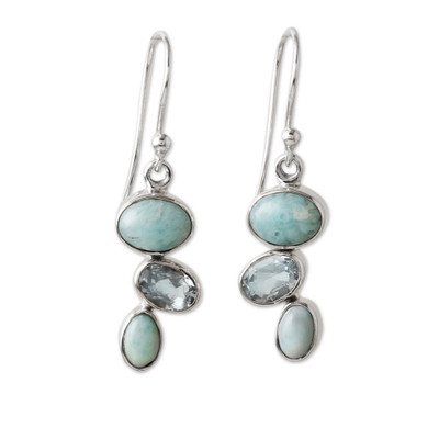 Sterling Silver Dangle Earrings with Larimar and Blue Topaz