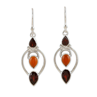 3-Carat Carnelian and Garnet Dangle Earrings from India
