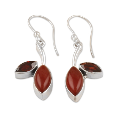 Leafy Dangle Earrings with Carnelian and Garnet Jewels