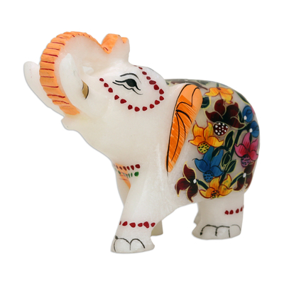 Hand-Painted Floral Soapstone Elephant Figurine from India
