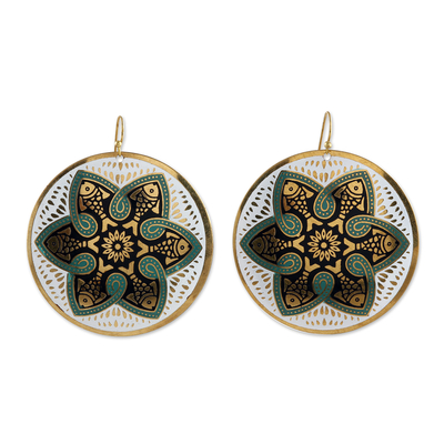 Mandala-Inspired Fish Round Brass Dangle Earrings from India
