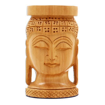 Hand-Carved Buddha-Themed Kadam Wood Pen Holder