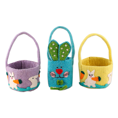 Handcrafted Easter-Themed Wool Felt Baskets (Set of 3)