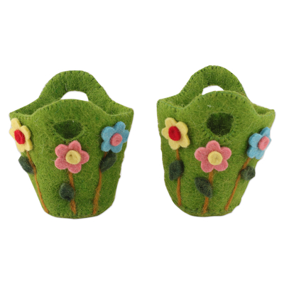 Handcrafted Floral Green Wool Felt Baskets from India (Pair)