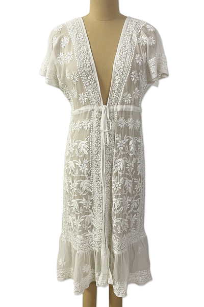 Cotton Embroidered Sheer Vest with Floral and Leafy Motifs