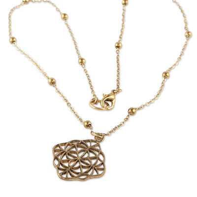 Brass Floral Pendant Necklace with Jali Openwork Accents
