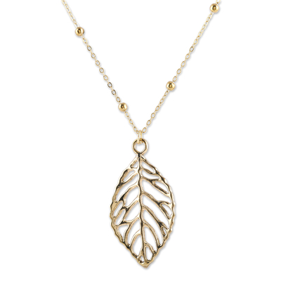 Brass Leaf Pendant Necklace with Jali Openwork Accents