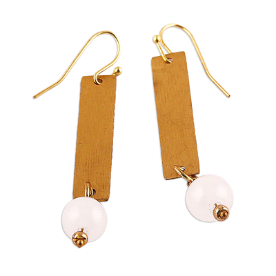Polished Brass Dangle Earrings with Quartz Beads